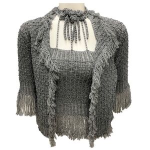 CHANEL GREY RARE VINTAGE 2001 GREY FRINGED KNIT CARDIGAN AND HALTER TOP TWO-PIEC
